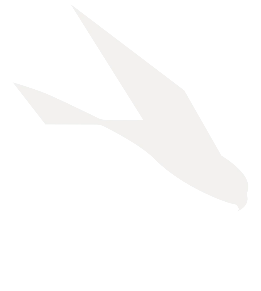 Ein einfacher weißer Vogel im Flug über weißen Buchstaben, in denen "RYVON Knives" subtil integriert ist, transparenter Hintergrund.