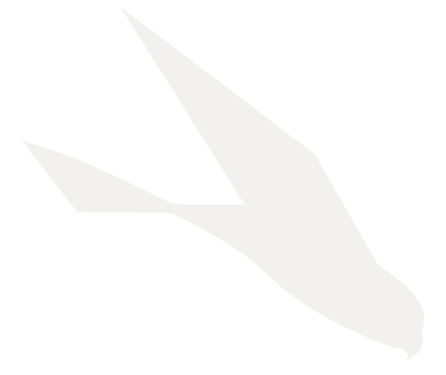 Ein einfacher weißer Vogel im Flug über weißen Buchstaben, in denen "RYVON Knives" subtil integriert ist, transparenter Hintergrund.